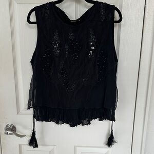 Elie Tahari Black Sleeveless Blouse with Tassels